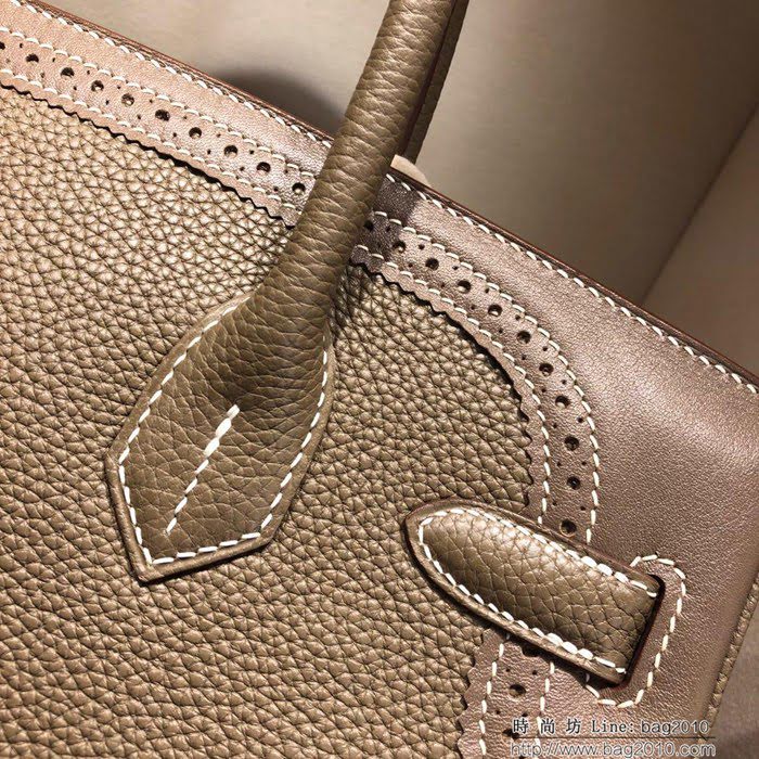 HERMES愛馬仕 鉑金包 Birkin Ghillies 30Cm Swif拼Tc 18 Etoupe 大象灰 銀扣 頂級工藝 手縫蠟線 時尚手提包  Ama1596